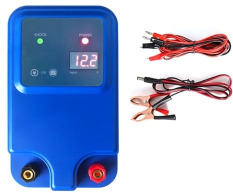 Electric Fence Energiser 12V With LED Display, Waterproof Battery Powered Electric Fence 1.5J Output for 5Km Range, 3 Ways Power Supply, Charger Peak 12kV to Protect Livestock Poultry