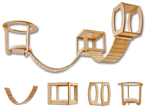 Ceiling Mounted Wooden Cat Tree Tower with Bridges, Cushioned Bed, 5-Piece Set - Indoor Cats Climbing Frame, Modular Space Saving Cat Shelves & Play Furniture Set for Agile Pets - Brown Wood