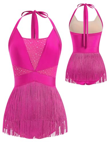 FYMNSI Latein-Tanzkostüm für Damen, Strass, Netz-Body, rückenfrei, Neckholder, V-Ausschnitt, einteiliger Fransen-Quaste, Jumpsuit, Tanz-Outfit, hot pink, M