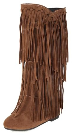 Elyffany Womens Fringe Western Boots Fashion Hidden Heel Knee-high Boots Light Brown