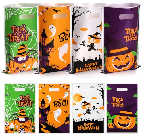 WD&CD 100 Stück Halloween Süßigkeit Tüte mit Henkel, Hallo ween Bonbontüten Tü ten Süßes oder Saures Geschenktüten Halloween Tüten,Candy Tü ten Goody Bags