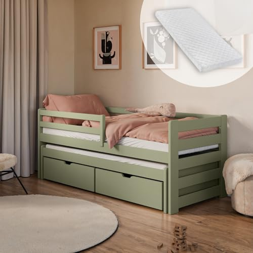 Kids Collective Einzelbett 90x200 cm mit Rausziehbett 90x190 cm mit 2 Matratze 2 Schubladen Rausfallschutz und Lattenrosten Vollholz massiv in Olivgrün Kinderbett Funktionsbett von 4 bis 18 Lebensjahr