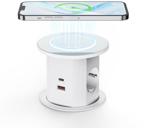 Ohuo Versenkbare Steckdose mit 15W Kabellosem Laden und 2 USB C, Versenkbare Steckdosenleiste induktion 2 Fach, 2 USB-A Anschlüsse, D 85mm, Weiß