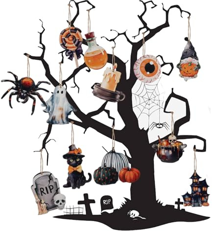 Shyllin 36 Halloween Albero Appendere, Legno Halloween Appendere, Ornamenti Hallowee Decorazioni, Ragno, Zucca, Fantasma, Bulbo Oculare, Gatto Nero, Lapide Ornamenti Decorazione, Decorazioni Festa