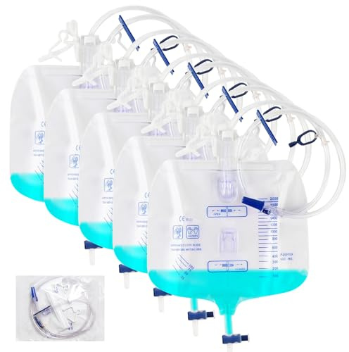 5 Stück Urinbeutel 2000ml, Urinbeutel mit 1m Schlauch, Katheterbeutel für Inkontinenz, geschlossene Drainagesysteme, klar ablesbare Skala, dickwandiger Schlauch für optimale Flusskontrolle