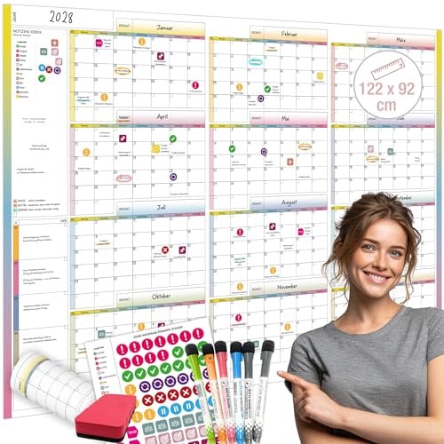 PlanMaster XL – Großer Whiteboard Jahresplaner 120×92cm | Abwischbarer Wandkalender Set inkl. Marker & Sticker | Wiederverwendbarer Kalender für Teams, Büro, Jahresplanung & Projektmanagement