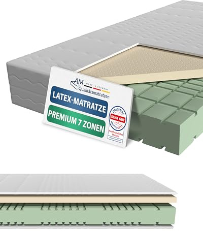 AM Qualitätsmatratzen 7 Zonen Latex Matratze 180x200 H3 - Made in Germany - Oeko TEX zertifizierte Naturlatex Matratze 180x200-23 cm Hoch - Hybridmatratze mit 4cm Latexauflage