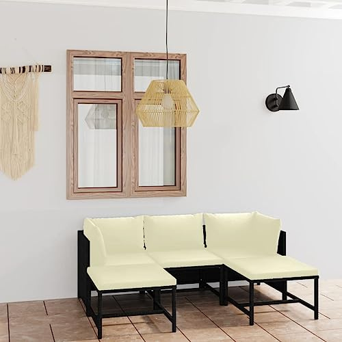 Mandloder 5-TLG. Garten Lounge Set, Schwarz Poly Rattan, Cremeweiße Kissen, Modulares Outdoor Möbelset für Terrasse & Balkon, Robustes Loungeset mit Fußhocker