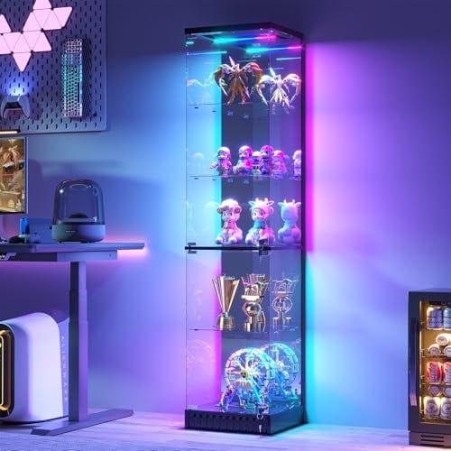 Gurexl Glasvitrine mit Dynamische Beleuchtung,Stand Eckvitrine mit Körpersensor System,Weinschrank Vitrine mit 2 abschließbare Glastüren und 3 verstellbare Glasböden für Wohnzimmer, Esszimmer,Schwarz