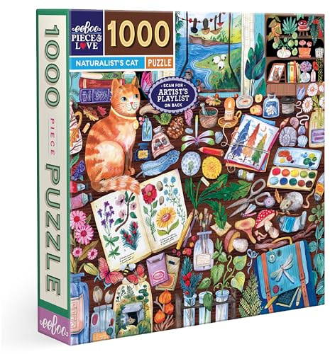eeBoo Piece & Love: Naturalist’s Cat - 1000 Piece Puzzle – 23 Square Adult Jigsaw, Detailed Animal Worktable Scene, Glossy & Dustless, Eco-Friendly