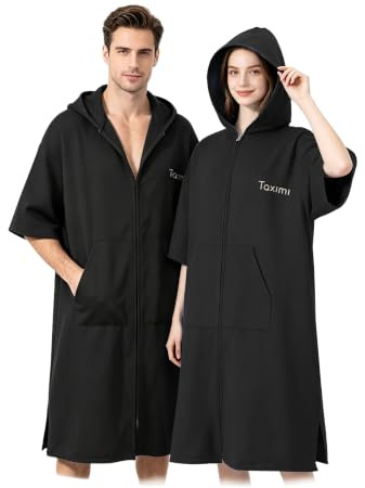 Taximi Badeponcho Erwachsene, Mikrofaser Bademantel mit Reißverschluss, Schnelltrocknend & Leicht, Umziehponcho für Strand, Schwimmbad & Wassersport (Schwarz)