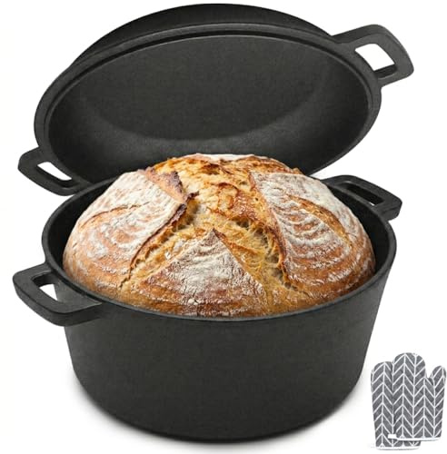 Cacerola de hierro fundido 2 en 1 con tapa, cacerola de 4,7 L + tapa de 1,5 l, cacerola redonda para hornear, para horno, gas, eléctrica e inducción, color negro