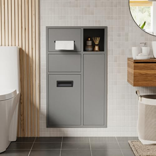 MSFE Unterputz Toilettenpapierhalter,Edelstahl Wandnische Mit Toilettenpapierhalter Und Offenem Regal,Einbau Abfalleimer und Toilettenbürstenhalter,Eingelassenes Wandregal für Badezimmer,67*40*14.13CM