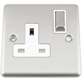 A5 Wall Socket Single 1 Gang - Satin Matt Chrome Classic - White Insert - Metal Rocker Switch