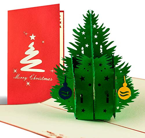 Carte Noël pop up 3d. Carte sapin vert de Noël originale pour adresser ses vœux de Noël, souhaiter la bonne année, offrir comme carte cadeau, offrir des etrennes, accompagner un chèque cadeau, W02