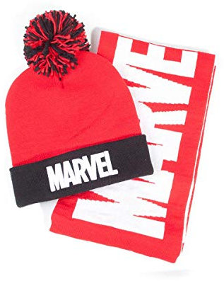 Marvel Unisex Comics Logo Bobble Beanie & Scarf Gift Mütze, Schal & Handschuh-Set, Rot (Red Red), One Size