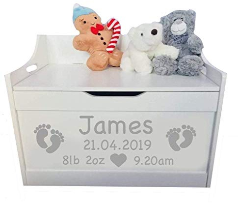 Little Secrets Gifts Personalised Children's White Wooden Toy Storage Box with Footprint Design, Soft Closing Hinge, 62cm Width x 40cm Depth x 47cm Height