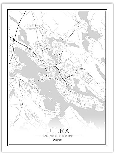 SONG Leinwand Bild, Schweden Lulea Stadtplan Schwarz Weiß Einfach Minimalist Art Wandbild Poster Rahmen Weniger Bild, Moderne Vertikale Malerei Cafe Office Home Decor,30 * 40cm