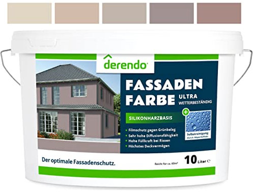 derendo Silikonharz Fassadenfarbe Braun ULTRA Wetterschutz Felsbraun 10 l aussen Fassade Silikonharzfarbe mit Abperleffekt Lotus Blatt Fassadenschutz Schmutzabweisende Silikonharzbeschichtung