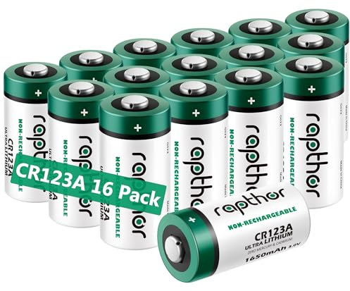 Rapthor CR123A 3V Lithium Batterie 1650 mAh 16er Pack CR17345 Akku, PTC-geschützt für Kameras, Taschenlampe, Alarm, intelligente Sensoren (Nicht wiederaufladbar, Nicht für Arlo)