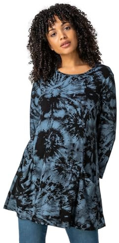 Roman Originals Swing Top with Pockets for Women UK Ladies Hanky Hem Asymmetric Tunic Blouse Longline Long Stretch Jersey Casual Round NeckTee Shirt T-Shirt - Blue - Size 20