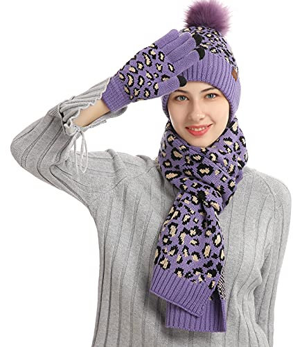 Winterzubehör Handschuh Set Strickmütze Schal Beanie Damen herren Wintermütze Schal Set Beanie Gestrickt Fleece Bommel Touchscreen Handschuhe Set