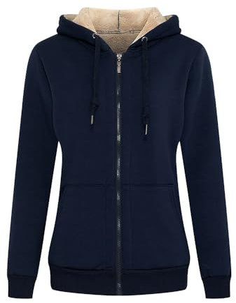 MANLUODANNI Damen warm Kapuzensweatshirt, Women's Basic Kapuzenjacke Sweatjacke Kapuzenpullover Hoodie mit Zipper Baumwolle Sweatshirtjacke Pullover mit Fleecefutter Navy L