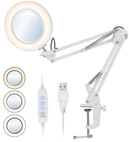 Kavolet Lente d'Ingrandimento con LED, Lampada da Tavolo Pieghevole, Luce a Morsetto, Ingrandimento 8X, 10 Livelli di Luminosità, 3 Colori, Angolo di Illuminazione ruotabile, Alimentata Tramite USB