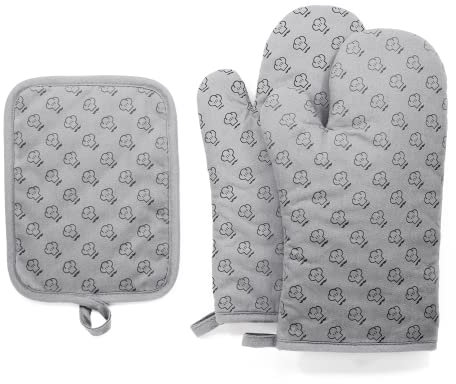 Chef Pomodoro Maniques Cuisine Anti Chaleur, Gants Cuisine 100% Coton Avec Antidérapants en Silicone - Gant Cuisine - Gants Four - Lot de 3 Pièces (Gris)