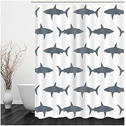 Banemi Art Duschvorhang, Duschvorhang Eckig Weiß Grau Graue Haie Polyestergewebe 165X180cm für Eck Dusche mit 12 Duschvorhangringen