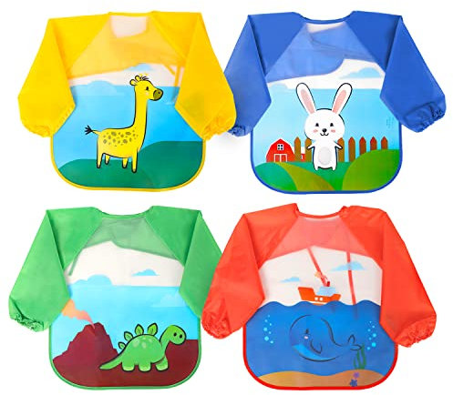 kidoola Baby Feeding Bibs 4pk - Waterproof Long Sleeve Apron, Unisex Weaning Bib for Infants 6 Months - 3 Years, Plastic & Easy to Clean, Avoid Food, Grease, Drool, Spillage