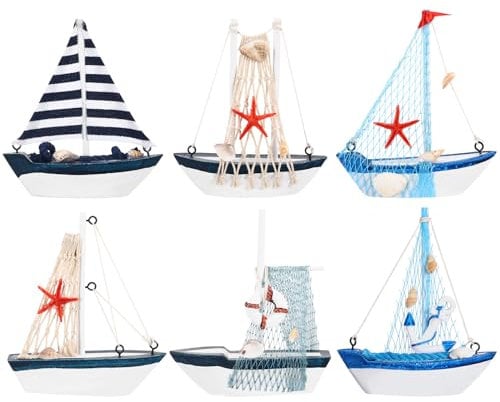 6PCS Segelboot Deko Mediterraner Stil Segelschiff Deko Holz Segelschiff Mit Muschel Mini Segelboot Aus Holz Wohnkultur Miniatur Boot Dekoration Zufälliger Stil