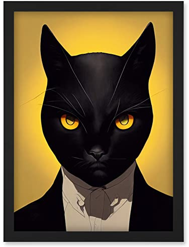 Doppelganger33 LTD Le Chat Noir Black Cat Tuxedo Yellow Portrait Artwork Framed Wall Art Print A4