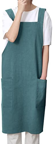 Pincy Delantal de lino de algodón para mujer, delantal cruzado sin lazos con bolsillos, ideal para floristería, cafetería y cocina, verde oliva, XXL