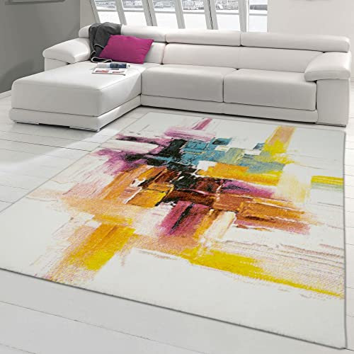 Teppich-Traum Wohnzimmer Designerteppich mit Splash Brush Muster bunt lila Creme orange, Größe 160x230 cm