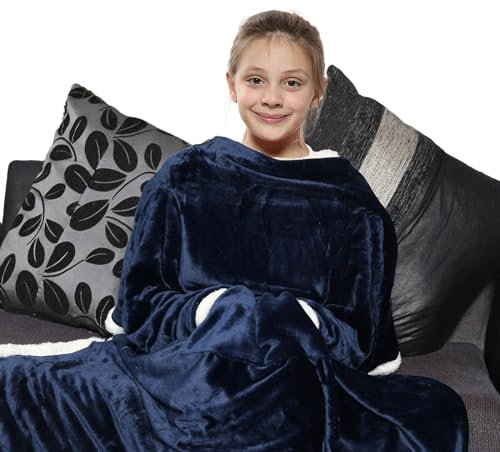 A2Z Unisex Girls Boys Wearable Double Layer Blanket With Sleeves Super Soft - TV DL Blkt Navy Kids