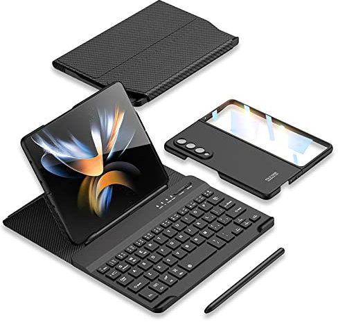 COQUE Funda Galaxy Z Fold 4,Protector de Pantalla Teclado Funda de Cuero Stylus+Kit de Oficina de teléfono con Ranura para lápiz,Funda Plegable para Samsung Galaxy Z Fold 4 5G-Fibra Carbono