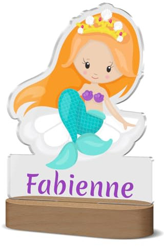 CHRISCK design Nachtlicht LED mit farbigem Meerjungfrau Motiv und Namen - mit beleuchtetem Holzsockel und Kabel | Nachtlicht oder Stilllicht - personalisiertes Babygeschenk