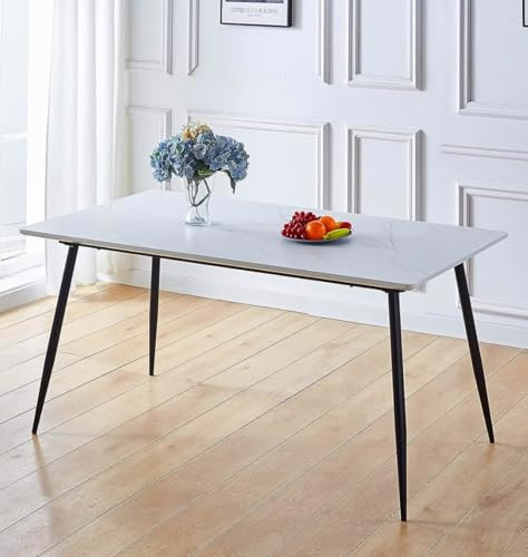 Hallowood Furniture Cullompton Large Rectangular Marble Effect Top White Dining Table with Black Metal Legs, 6-8 Seater Dinner Table for Dining Rooms, Kitchens, or Cafés (160 x 90 cm)