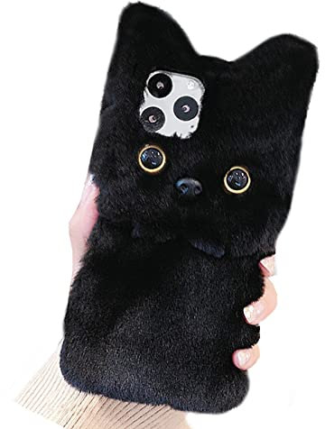 UnnFiko Winter Soft Warm Plush Case Compatible with iPhone 11 Pro Max, Cute Cat Fuzzy Animal Fluffy Fur Handmade Case Covers for Girls Women (Plush Kitten Black, iPhone 11 Pro Max)