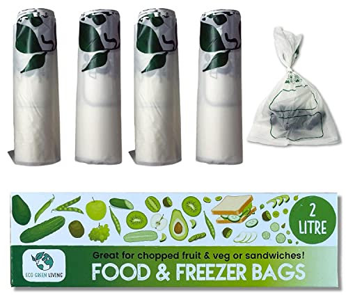 Eco Green Living 2 Litre Food Storage Bags, Plastic Free Food and Freezer Bags, Tie Top Storage Bags with Labelling Space, Small Sandwich Bags, 140 Bags