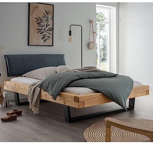 Lomadox Doppelbett Ehebett Bett Echtholz Massivholz, 180x200 cm, Fichte massiv, schwarzes Echtleder-Kopfteil, Schwarze Metallkufen, B/H/T ca. 198/88/228 cm