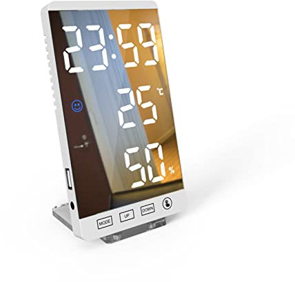 ThreeH LED Spiegel Digitaler Wecker mit 12/24H Anzeige Temperatur Luftfeuchtigkeit Helligkeit Einstellbare Wanduhr für Zuhause Schlafzimmer Büro Weiß