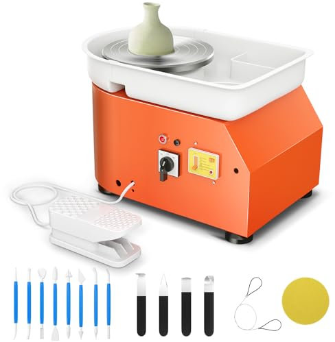 Kotsy Tornio per Ceramica elettrica 350W 25CM,Tornio per Argilla a velocità Regolabile con Ceramica Elettrico Pedali Professionale con Ceramica Strumenti di Intaglio per Adulti, Bambini(Arancia)