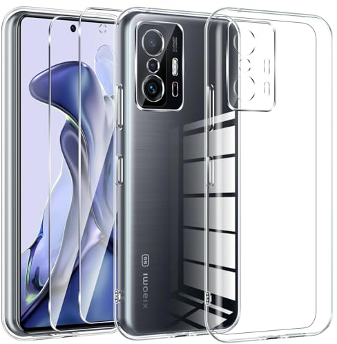 Kokio Cover per Xiaomi 11T/11T Pro 5G con 2 Pezzi Pellicola Vetro Temperato, Trasparente Silicone Case Sottile Morbido TPU Antiurto Protettiva Custodia per Xiaomi 11T Resistente Anti-Graffio Bumper