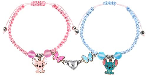 2 PCS Couple Bracelets, Friendship Bracelet, Stitch Adjustable Rope Bracelets, Mutual Matching Couple Bracelets with Love Heart Pendant, Gifts for Friends Boyfriend Girlfriend and Your Lover