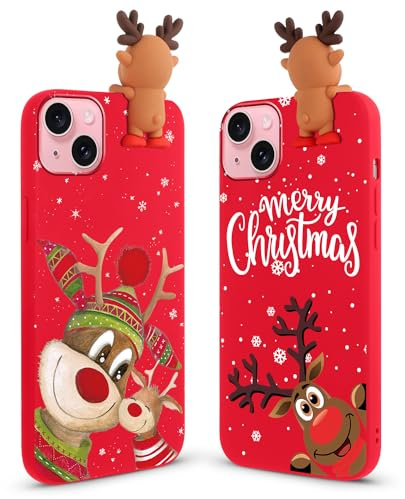 Vauki 2 Stück Weihnachten Hülle für iPhone 15, Rot Silikon Handyhülle 3D Cartoon Christmas REH mit Puppe Süß Case Christmas Muster Motiv Design für iPhone 15, Lächeln Hirsch
