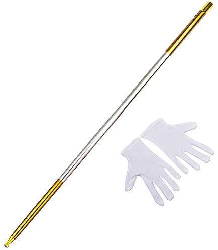 150cm Magischer Zauberstab Metall, Tragbar Magic Metall Pocket Stick Taschenstab Pocket Staff Faltbar Zauberstab Magischer Teleskopstab für Magische Performance-Bühne,Gold Silber mit Handschuhen