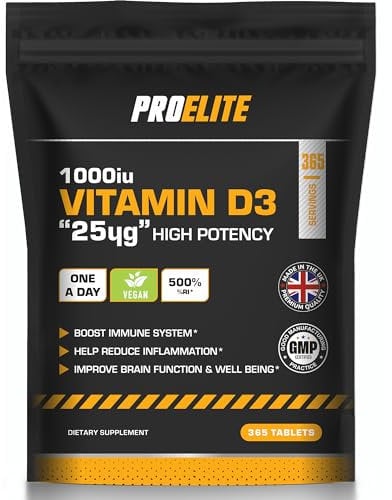 Vitamin D 1000iu (25mcg) 180 Vegan Tablets | 6 Months Supply for Maintenance of Healthy Immune System, Muscles, Bones & Teeth Vitamin D3 Cholecalciferol Made in The UK by PROELITE