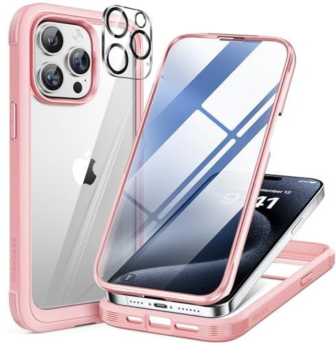 Miracase Glass Case for iPhone 15 Pro Max Case 6.7-Inch, Full Body Bumper Clear Back Cover and Built-in 9H Tempered Glass Screen Protector + Camera Lens Protector (Pink)
